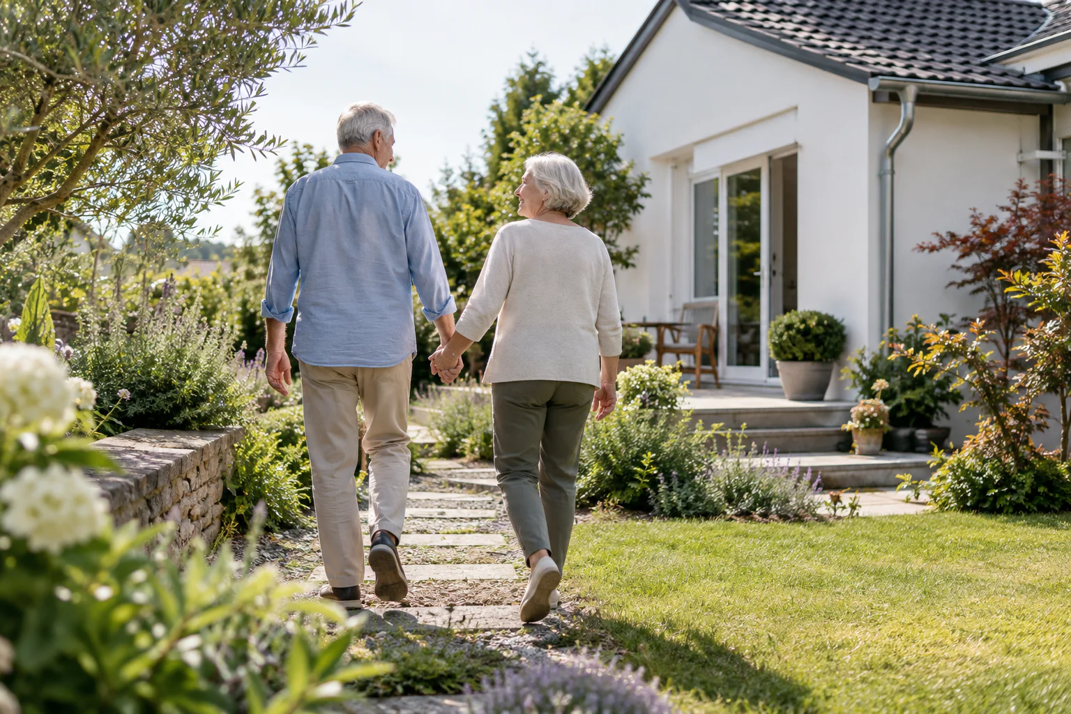 Älteres Paar geht durch einen überschaubaren Garten zu einem hellen Haus